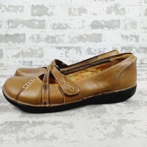Clarks Unstructured Women's Mary Jane Leather Tan Loafers Shoes D909